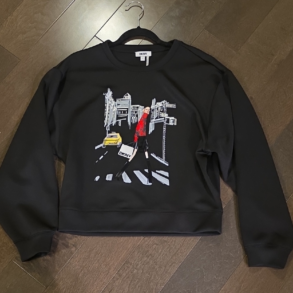 DKNY Black Cityscape Crewneck Scuba Sweatshirt